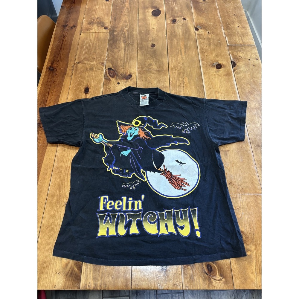 Vintage 90s Happy Halloween Feelin' Witchy T-Shirt Men's XL Black Graphic Tee